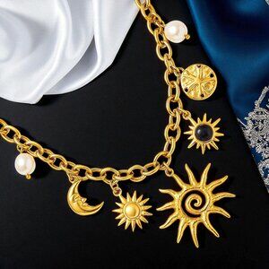 🆕️ Boho Celestial 18K Gold Plated Sun Moon Charm Necklace 316L Stainless Steel